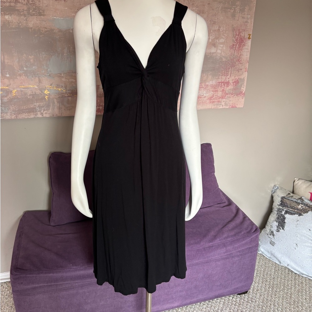 Denver Hayes Black Jersey Knit V-Neck Midi Dress w/ Draping Detail Size M